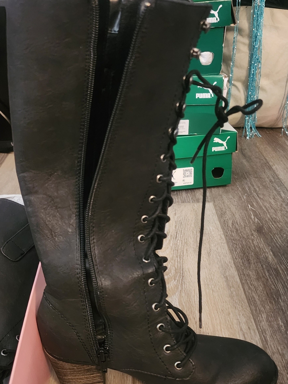 Black Lace-Up Mid-Calf Boots with Side Zipper